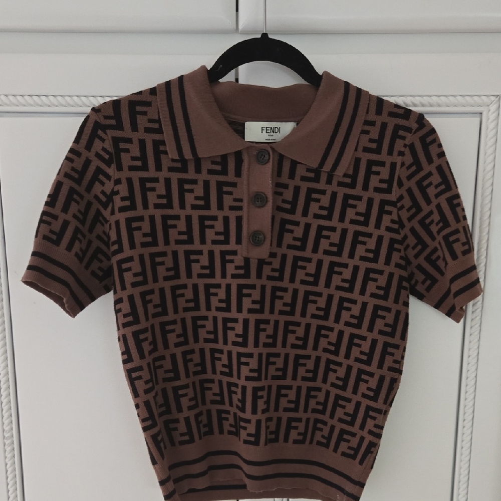 Fendi Brown and Black FF Logo Polo Top